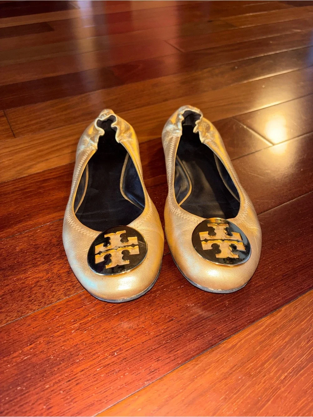 Tory Burch Metallic Gold Leather Logo Ballet Flats